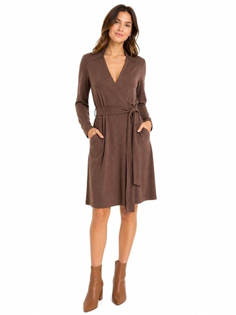 SANDWICH Long Sleeve V neck Brown Mid Length Dress Size Small